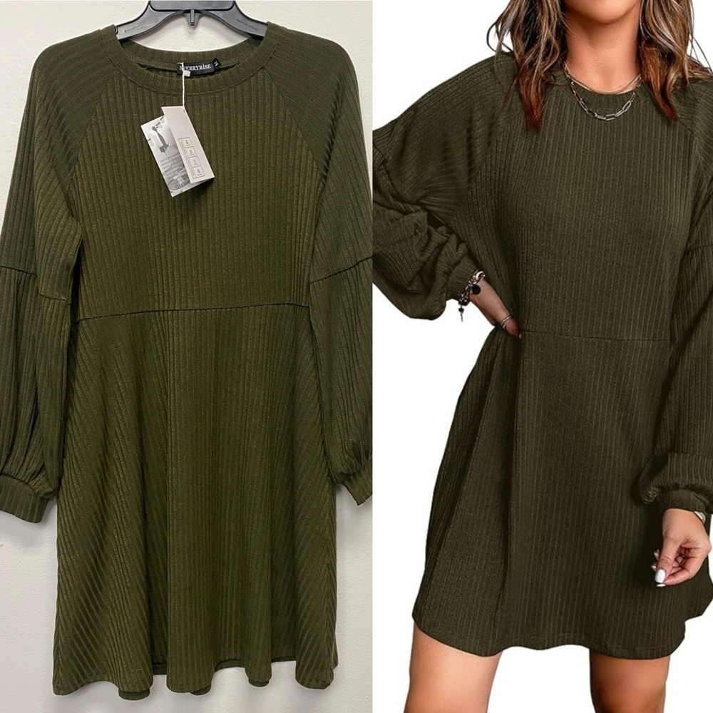 Women's Long Sleeve Medium Olive Green Midi Sweater Dress Ribbed High Waist